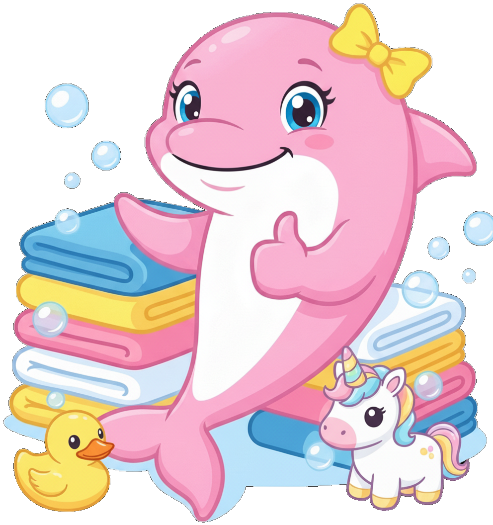 Lila the Laundry Day dolphin mascot giving a thumbs up